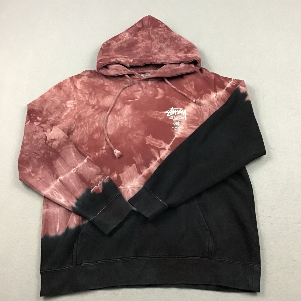 Stussy Hoodie Men Large Maroon Black Tie Dye World Tour Pullover Streetwear L